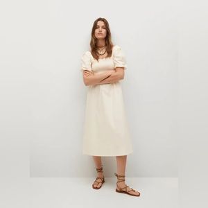 Mango MNG Exclusive (NWT) | Ivory Cream Puff Sleeved Smocked Midi Dress